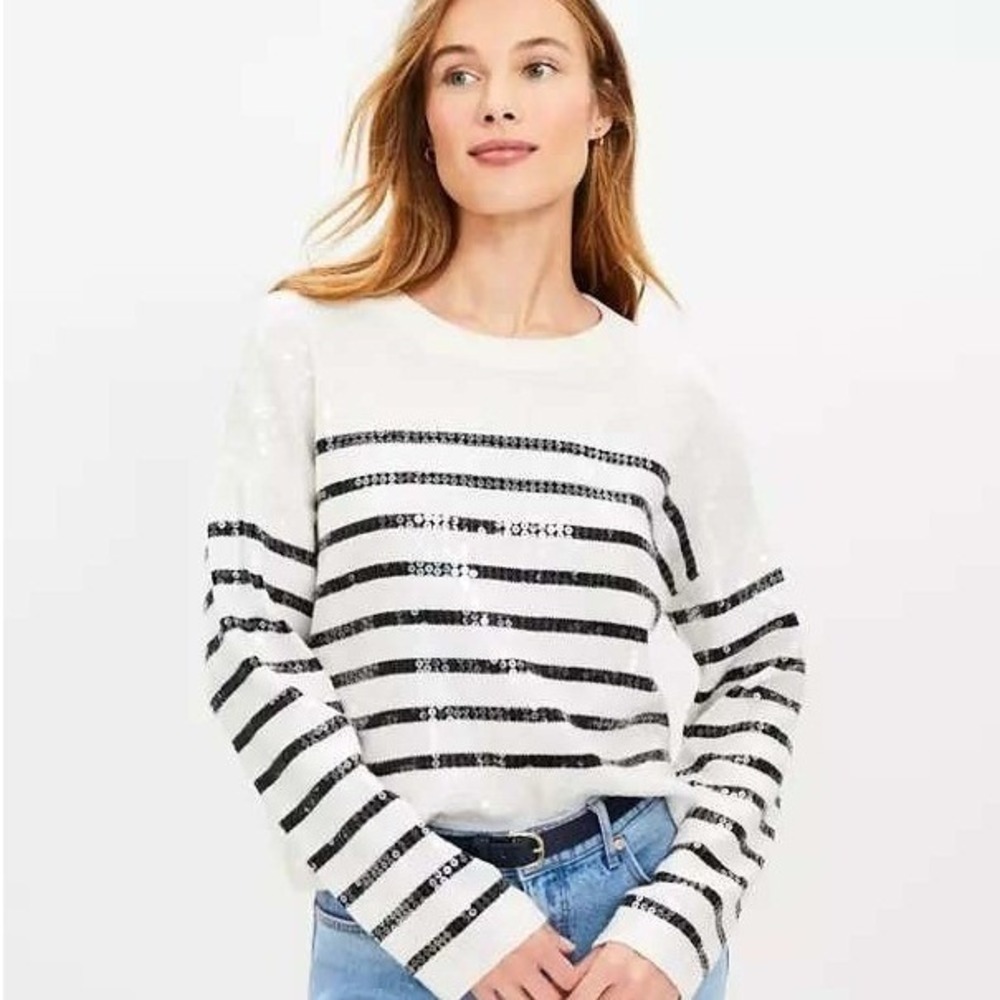 LOFT Breton Striped Sequin Knit Sweater White Black Bold Heritage